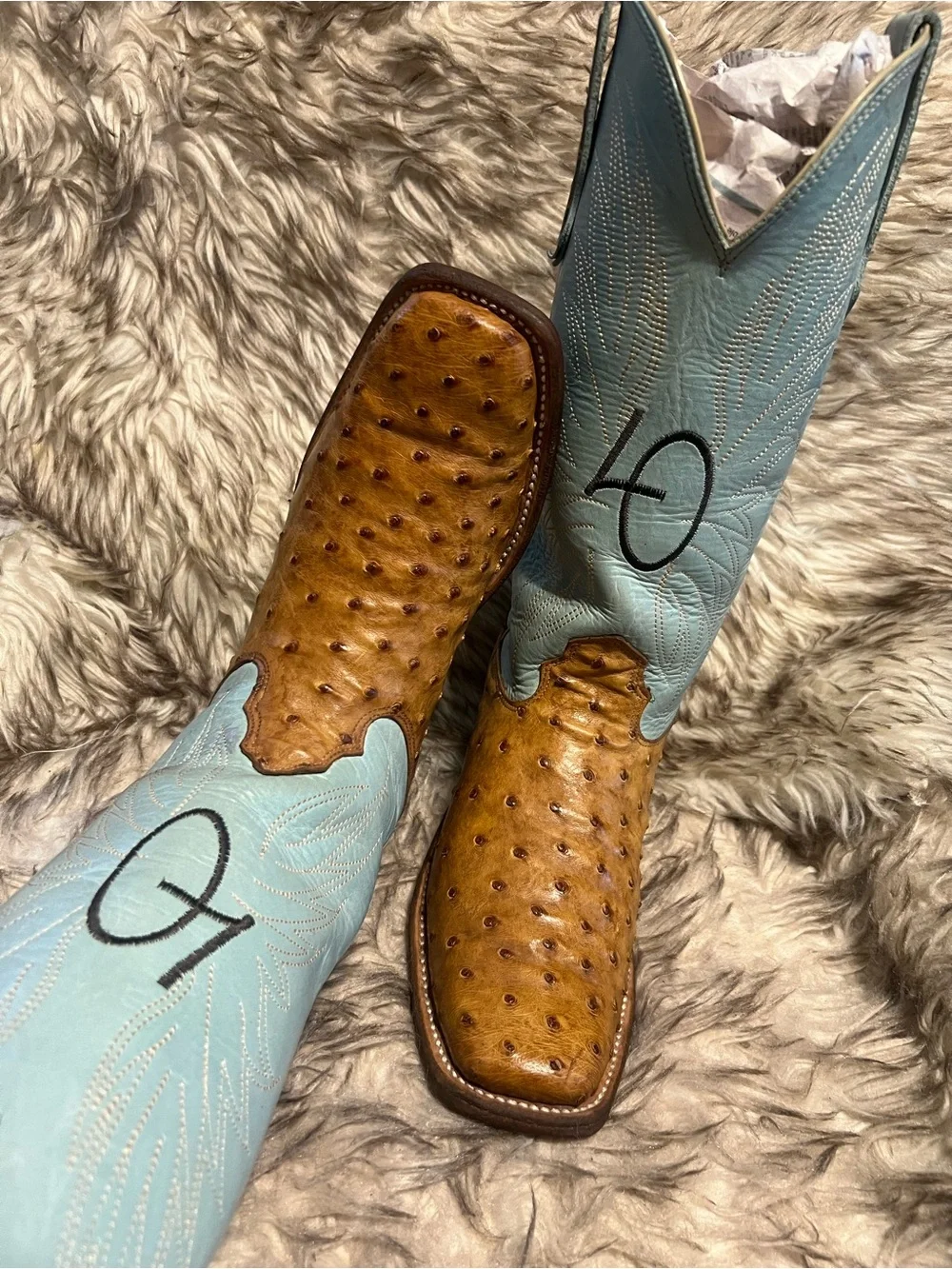 JM Collection Tan Ostrich Leather Western Boots with Light Blue Shaft Sz 8 D